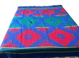 Vintage Beacon Wool Camp Blanket Southwest Aztec Indian Green Red Blue 70&quot; x 76&quot; - £110.52 GBP