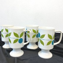 1960s Mugs MCM Japan Blue Circle 3 Green Leaves Footed Set 4 Coffee Cups DH - £19.94 GBP