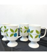 1960s Mugs MCM Japan Blue Circle 3 Green Leaves Footed Set 4 Coffee Cups DH - £19.87 GBP