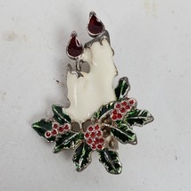 Vintage Christmas Holiday Holly &amp; Candles Metal Brooch Pin 1.5 Inch - £10.33 GBP