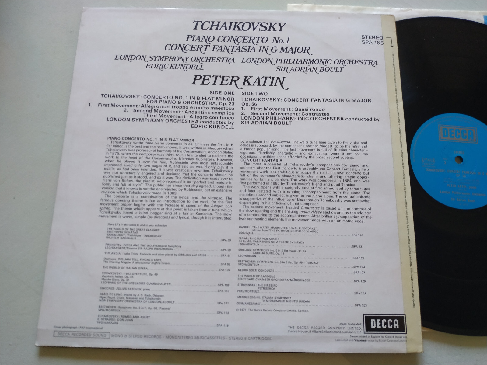 Tchaikovsky Spa 168 Piano Concerto N 1 Katin Kundell 1971 LP 12 " vinilo VG/VG Item image 3