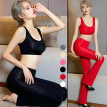 Women&#39;s Sports Yoga Fitness Suit Shiny Silky Sheer Bell Flare Trouser &amp; Vest Top - £11.45 GBP