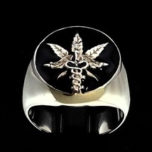 Sterling silver ring Marijuana leaf with Caduceus symbol medical Weed Ganja on B - £76.17 GBP
