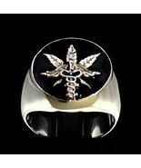 Sterling silver ring Marijuana leaf with Caduceus symbol medical Weed Ga... - £74.75 GBP