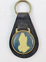 Vintage Praying Hands leather keychain keyring metal back Black - $10.29