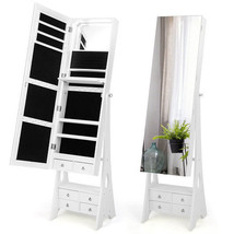Freestanding Full Length LED Mirrored Jewelry Armoire with 6 Drawers-White - Col - £137.97 GBP