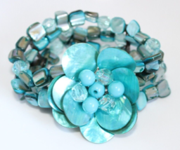 Hand Crafted Blue Shell And Beads Abalone Look A Like Stretch Bracelet - $10.39