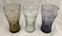 Lot of 3 Libbey Coca Cola Coke Glass 6&quot; Tall, 12oz Purple, Clear &amp; Brown - £12.50 GBP