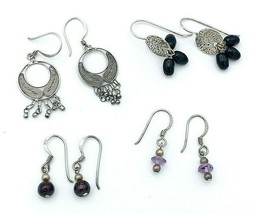 Lot of Four Pair Sterling Silver Wire Dangle Minimalist Earrings Garnet Amethyst - £23.48 GBP