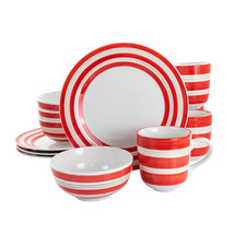 Gibson Home Sunset Stripes 12 Piece Round Fine Ceramic Dinnerware Set in Red - $99.78