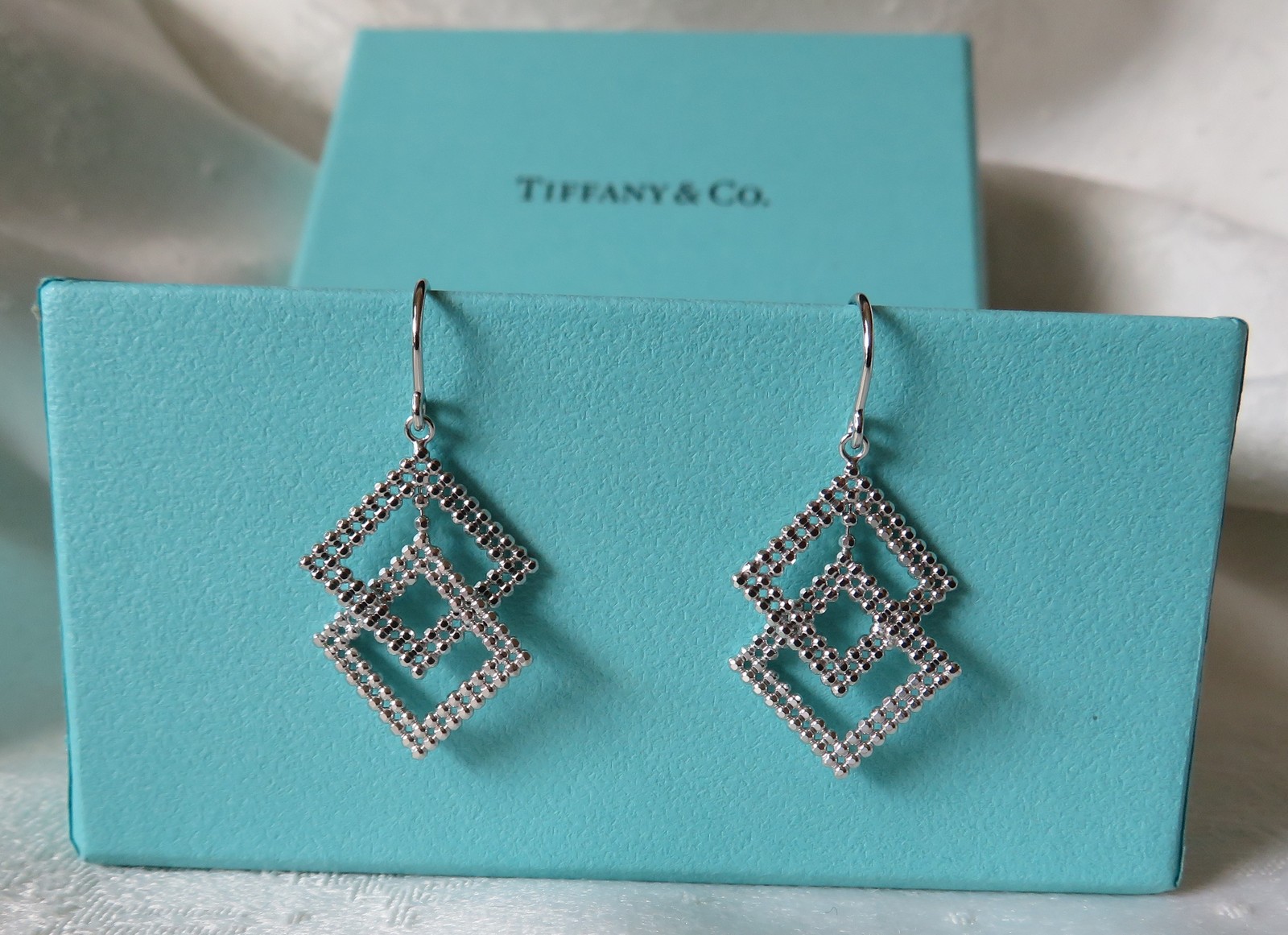 Rare Tiffany & Co. 18K White Gold Geometric Beaded Dangle Earrings~1.25"~2 Boxes - £446.44 GBP