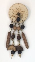 Medallion Wood Bead Dangle Drop Carved Pin Brooch Possibly Handmade - £10.60 GBP