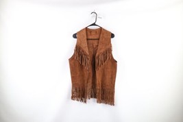 Vintage 60s Boho Chic Womens M Distressed Fringed Suede Leather Open Front Vest - £85.73 GBP
