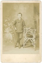 Circa 1880&#39;S Cabinet Card Featuring Handsome Lad Wearing Suit And Leather Shoes - £7.44 GBP