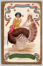 Thanksgiving Greetings Boy And Girl With Large Turkey Patriotic Postcard V22 - £5.46 GBP