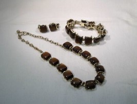 Vintage Signed Coro Brown Lucite Thermoset Bracelet Necklace &amp; Earrings ... - $54.45