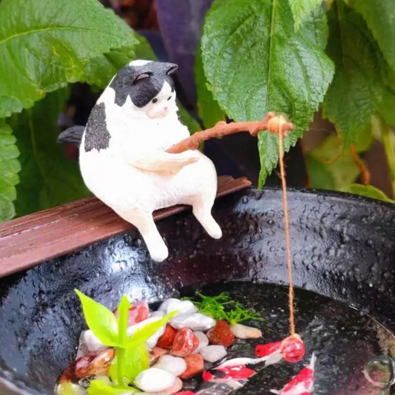 Cat Fishing Statue Realistic Cat Garden Decor Little Cute Cat Resin Ornament - £10.58 GBP+