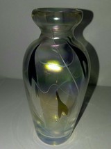 Heavy Art Glass Iridescent Perfume Bottle Swirls Purple Hearts Leaves No Stopper - £27.68 GBP