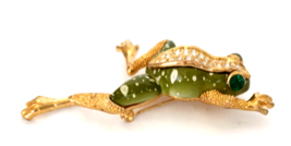 Vintage Frog Brooch Pin Painted Green Pave Crystals Gold Tone Metal Emerald Eyes - £17.66 GBP