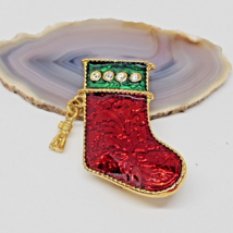 Vintage Red Green Enamel Rhinestone Christmas Stocking Brooch Gold Tone Pin - $14.95