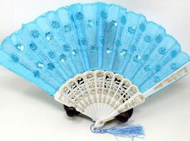 Aqua White Folding Hand Held Fan White Gold Frame Sequins Wedding Party ... - $10.88
