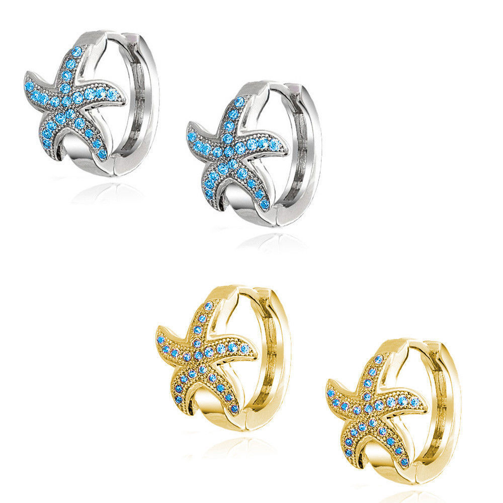 Nautical Starfish Huggie Hoop Earrings Micro Blue Topaz 14K Yellow Or White Gold - $40.09 - $148.49