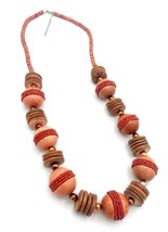 Vintage 80&#39;s Orange Coconut Shell Coral Heishi Wooden Bead BOHO Necklace - £18.94 GBP