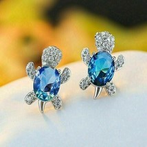 3.40Ct Oval Simulated  Blue Topaz Tortoise Stud Earrings 14k White Gold Plated - £72.94 GBP