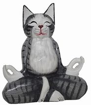 New Lotus Position Meditating Yoga Kitty Statue Hand Painted Carved Wood Praying - $27.66