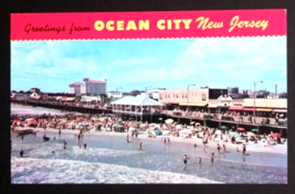 Greetings from Ocean City New Jersey NJ Banner Crowded Beach Postcard c1... - £6.40 GBP
