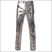 Men's Casual Silver Stage Performers PU Leather Front Zip Straight Slim Trousers