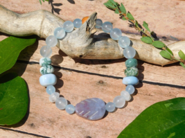Blue Chalcedony Bracelet with Jasper Leaf Moonstone and Agate for Energy Healing - £21.86 GBP