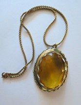 Vtg Huge Amber Glass Pendant Necklace Gold Tone Frame Woven Chain Bold E... - $49.00