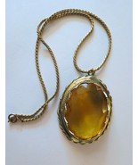 Vtg Huge Amber Glass Pendant Necklace Gold Tone Frame Woven Chain Bold E... - £38.53 GBP
