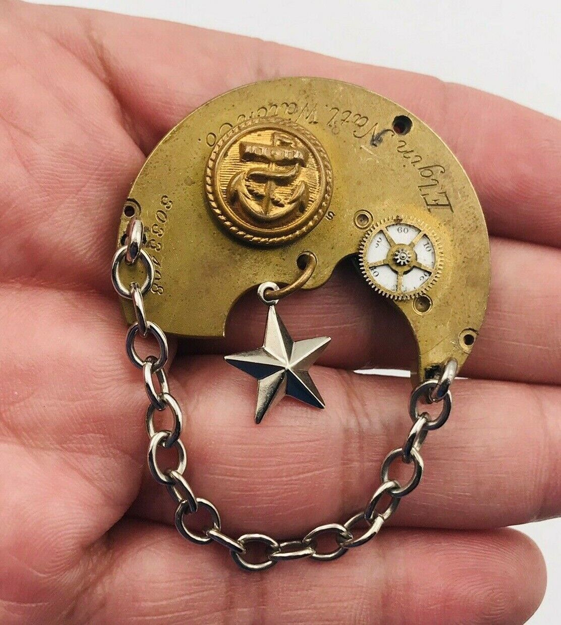 Primary image for Handcrafted Steampunk Brooch w/Elgin Watch Part Navy Button Silver Star & Chain
