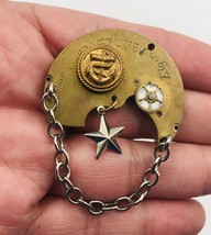 Handcrafted Steampunk Brooch w/Elgin Watch Part Navy Button Silver Star &amp; Chain - £21.19 GBP
