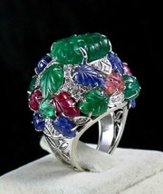 Classic Natural Emerald Ruby Blue Sapphire Carved Diamond 18 K Gold Ladies Ring - £5,284.22 GBP