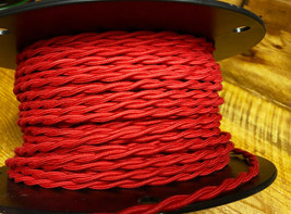 Red cotton cloth covered twisted wire, vintage braided lamp - £1.10 GBP