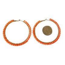 Coral Beaded Gold Tone Hoop Earrings - £14.21 GBP