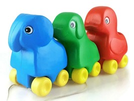 1970s plastic pull toys set of 3 blue elephant green dog red duck vtg animals - £21.69 GBP