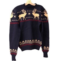 Vintage Wool Sweater Blue Pullover w/ White Deer Winter design Women’s S-M - £31.53 GBP