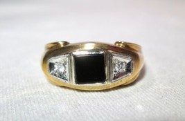 Vintage Antique 10K 14K Yellow White Gold Mens Onyx Diamond Ring Size 14 K523 - £984.27 GBP