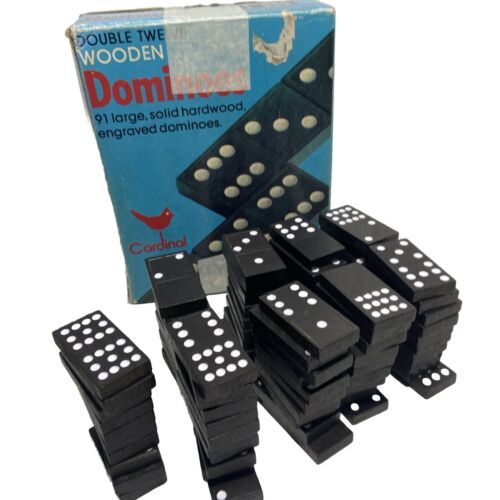 Dominoes Set Double 12 Set of 90 Black and White Wooden Tiles Wooden Vintage Box - £19.57 GBP