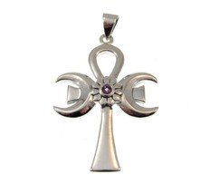 Solid 925 Sterling Silver Triple Moon Goddess Ankh With Amethyst, Cross of Life - £57.08 GBP