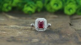 1.0 CT Emerald Moissanite Engagement Ring, Ruby &amp; White Sapphires Art Deco Ring - £125.74 GBP