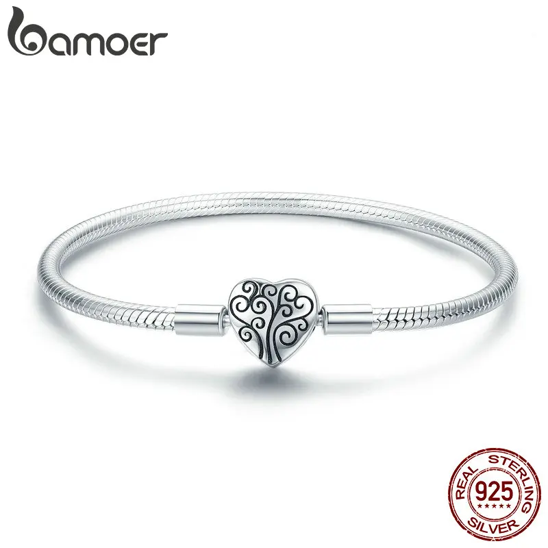 100% 925 Sterling Silver Spring Tree of Life Heart Shape Clasp Snake Chain Brace - £45.53 GBP