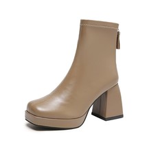 New Autumn Winter Leather Short Boots Women Square High Heel Women Shoes Zipper  - £37.07 GBP