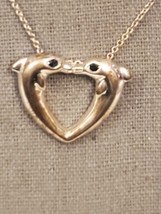 Heart shaped kissing dolphins silver tone necklace pendant Blue Eyes - £7.66 GBP