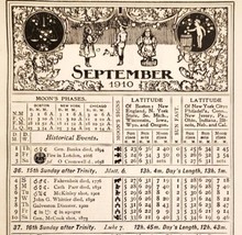 September October 1910 Calendar Page Moon Phases Sun Ephemera ADBN1eee - $41.12 CAD