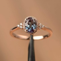 1.5Ct Simulated Oval Alexandrite Halo Wedding Ring 14K Rose Gold Plated Silver - £94.95 GBP